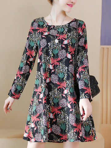 

Casual Floral Print O-neck Long Sleeve Dresses, As picture shows