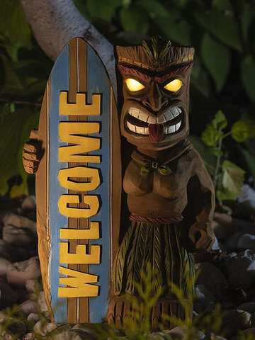 1 PC LED Light Welocme Vintage Resin Creative Tribal Totem Figure Statue Sculpture With Surfboard Outdoor Indoor Courtyard Garden Decor