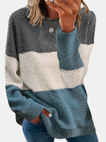 Plush Contrast Color Patchwork Long Sleeve Sweatshirt For Women