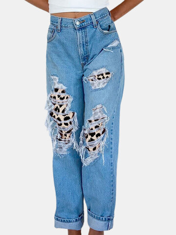 Leopard Print Patchwork Ripped Denim Jeans
