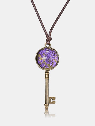 Dried Flower Inside Key Pendant Necklace