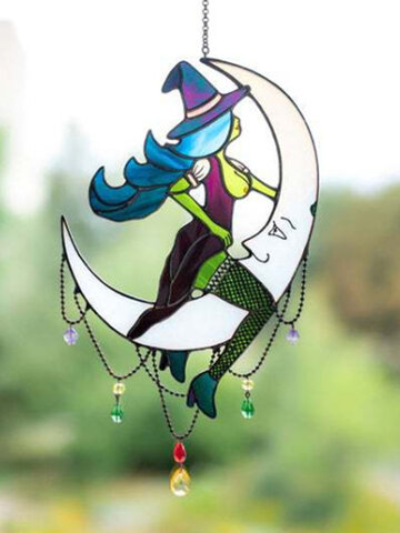 Stained Suncatcher Witch On The Moon Silhouette Window Glass Garden Hanging Decor Pendant