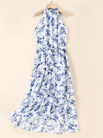 Flower Print Belt Tie Maxi Dress