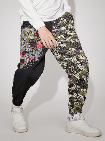 Chinese Style Embroidered Wave Print Joggers