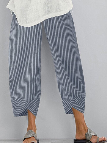 Striped Cotton Irregular Cuff Pants