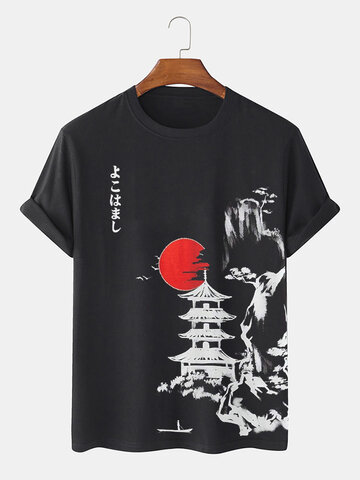 T-Shirts mit Rundhalsausschnitt und japanischer Landschaftsgrafik