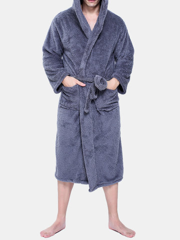 

Comfortable Flannel Fleece Hooded Bathrobe Loose Pajama, Dark gray navy