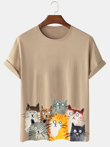 Cartoon Cat Crew Neck T-Shirts