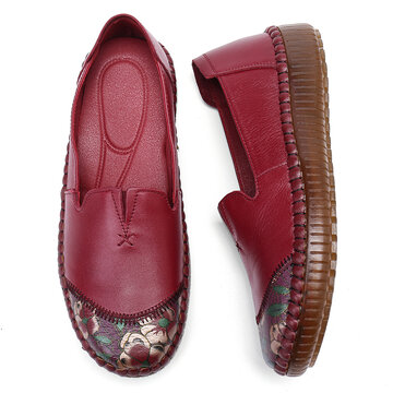 Floral Printed Comfy Cowhide Soft Sole Loafers