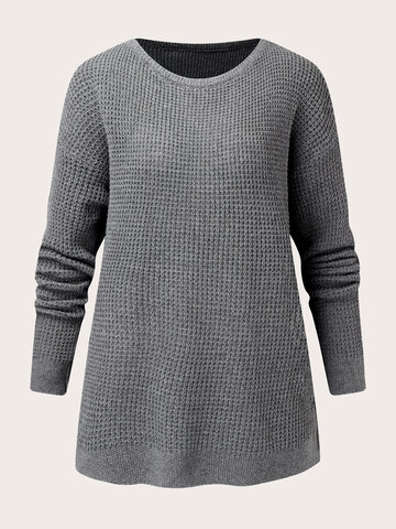 Solid Knitted O-neck Casual Sweater