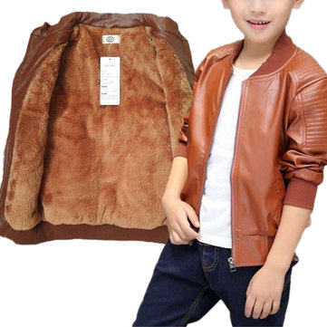 Leather With Velvet Long-sleeved Children's Clothing Jacket 