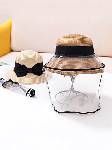 Bow Straw Hat Children Sun Hat Removable Face Screen 