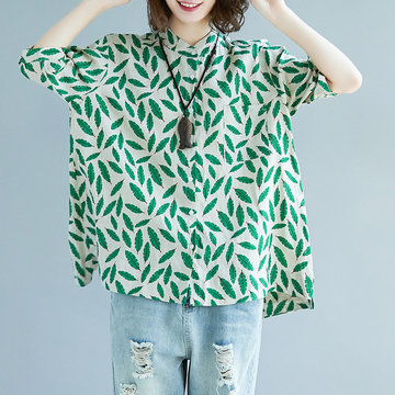 

Large Size Fat Mm Shirt Female Short-sleeved Season New Cotton And Linen Printed Shirt Loose Thin Belly Cover Belly Shirt