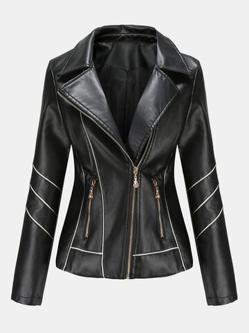 Solid Color Faux PU Leather Jacket