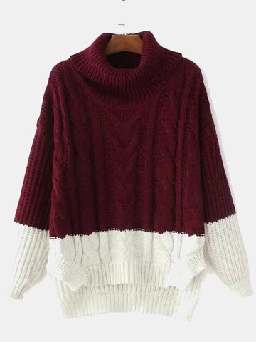 Contrast Color High Neck Loose Sweater