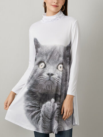 Cartoon Cat Print Long Sleeve Dress