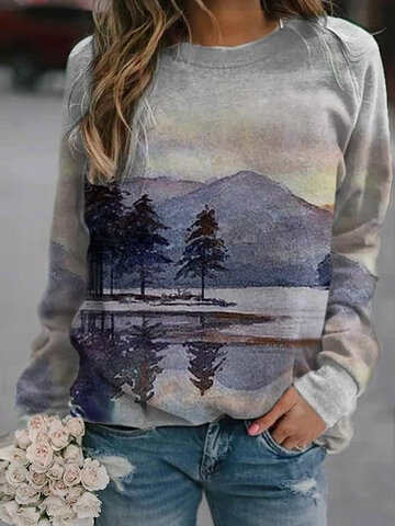 Landscape Print Casual Sweatshirt