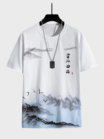 T-shirt con pittura a inchiostro di paesaggio cinese