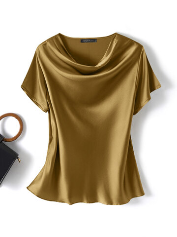 Satin Solid Cowl Neck Blouse