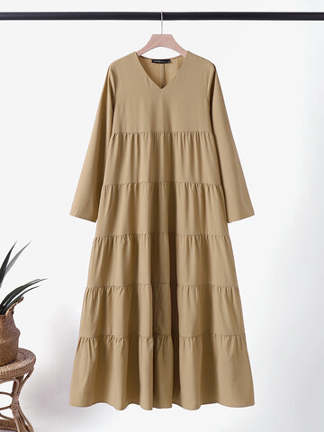 Solid V-neck Tiered Maxi Dress