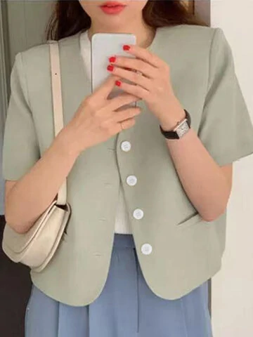 Women Solid Button Pocket Short Sleeve V-neck Blazer 