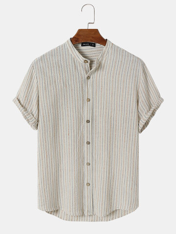 Cotton Linen Pinstripe Stand Collar Shirts