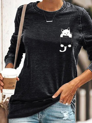 Cute Black Cat Print O-neck T-shirt