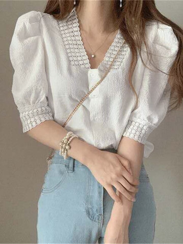 Puff Sleeve Lace Trim Blouse