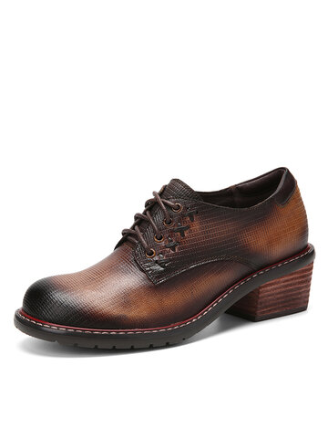 Socofy Leather Retro Low Heel Oxfords Shoes