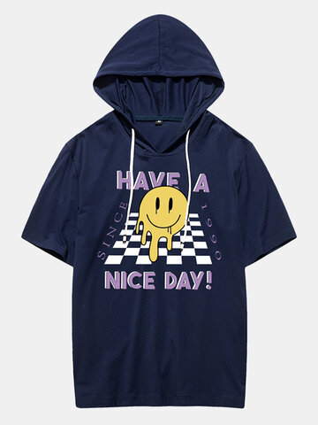 Checkered Smile Print Hooded T-Shirt