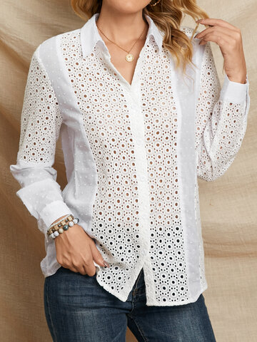 Solid Hollow Button Stitch Blouse