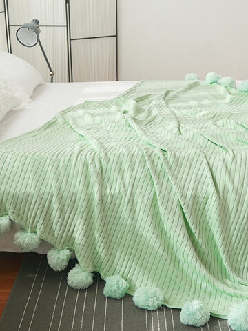 Reversible Pom Pom Cotton Knit Throws Blanket
