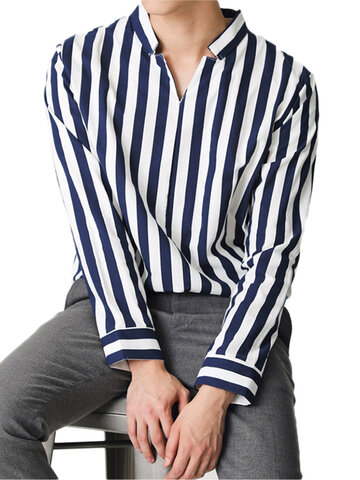 Stand Collar V-neck Striped Shirts
