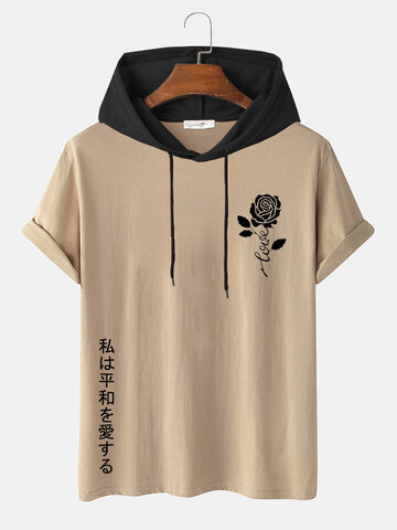 Japanese Rose Print Hooded T-Shirts