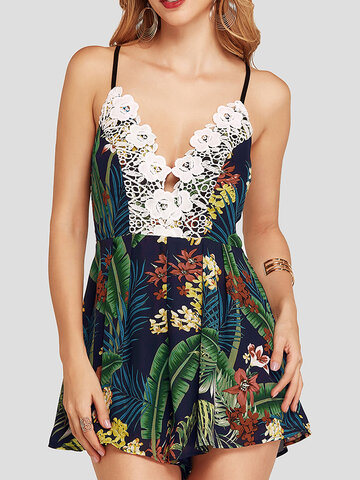 Leaves Print Lace Sexy Romper