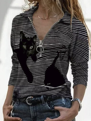 Cartoon Striped Cat Printed Zipper Blouse
