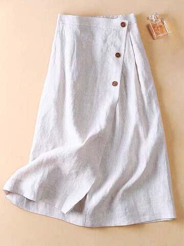 Plain Button Elastic Waist Skirt