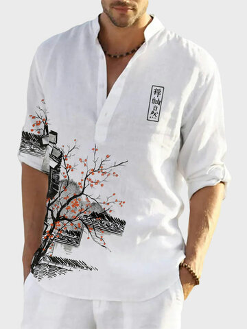 Chinese Landscape Print Henley Shirts