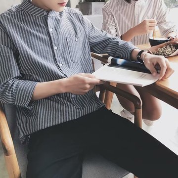 

Ji Li Collar Seven-point Sleeve Striped Shirt Male Youth Loose Men's Short-sleeved Shirt In The Sleeves Shirt Jacket