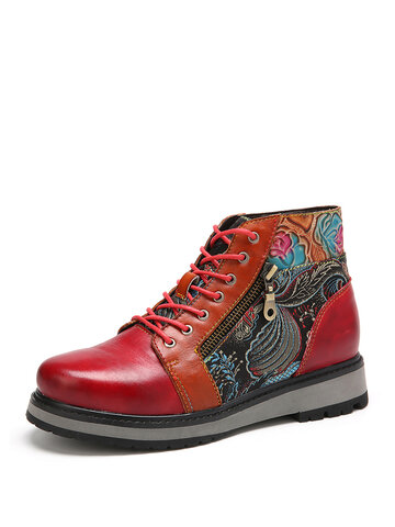 Elegant Embroidery Cloth Splicing Genuine Leather Flat Ankle Boots