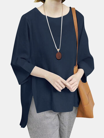Leisure Solid Slit Round Neck Blouse