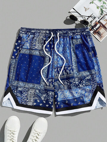 Paisley Print Striped Patchwork Shorts