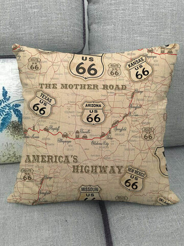 Vintage America 66 Road Pattern Linen Cushion Cover