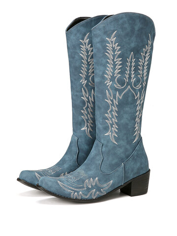 Embroidered Chunky Heel Cowboy Boots