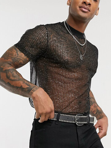Camiseta transparente de malla a rayas para hombre