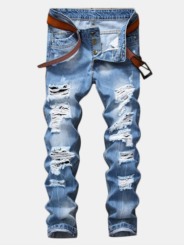 

Casual Holes Ripped Fit Straight Jean, Light blue