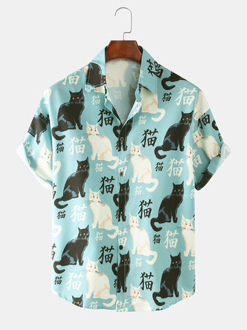 Chinese Character & Cat Printed Shirt