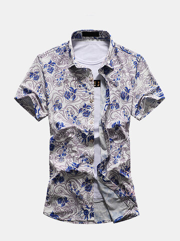 Plus Size Beach Seaside Casual Fashion Floral Printing Short Sleeve Dress Shirts for Men