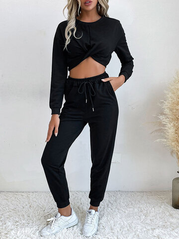 Solid  Elastic Waist Knotted Suits
