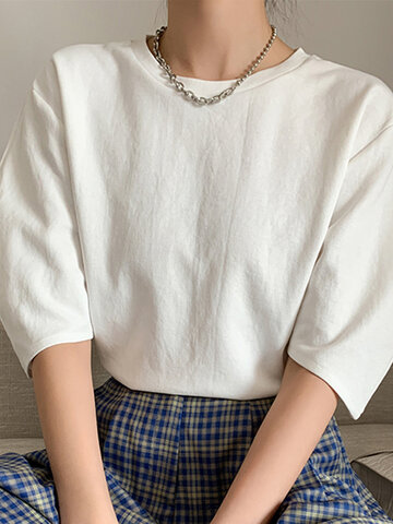 Crew Neck Solid Color Blouse